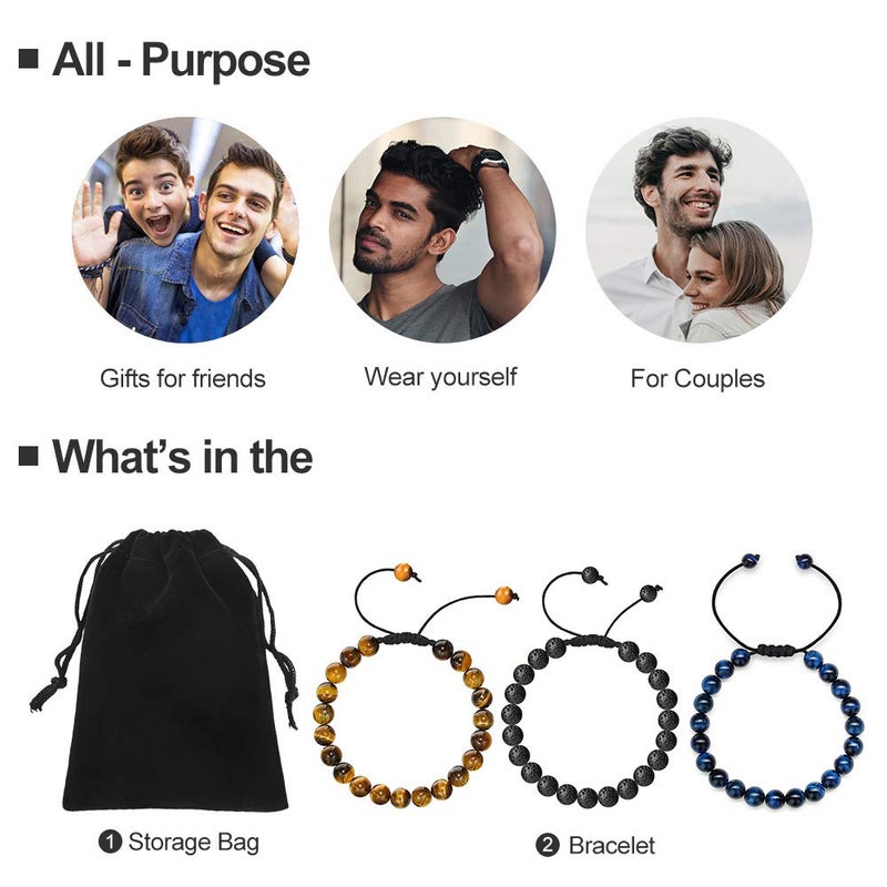 M MOOHAM Gifts for Male Coworkers Mens - Natural Black Lava Rock Stone Mens Anxiety Tiger Eye Bracelets Adjustable Aromatherapy Essential Oil Diffuser Healing Bracelet - Image 2